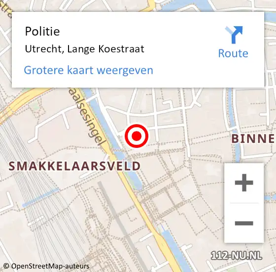Locatie op kaart van de 112 melding: Politie Utrecht, Lange Koestraat op 8 mei 2024 20:08