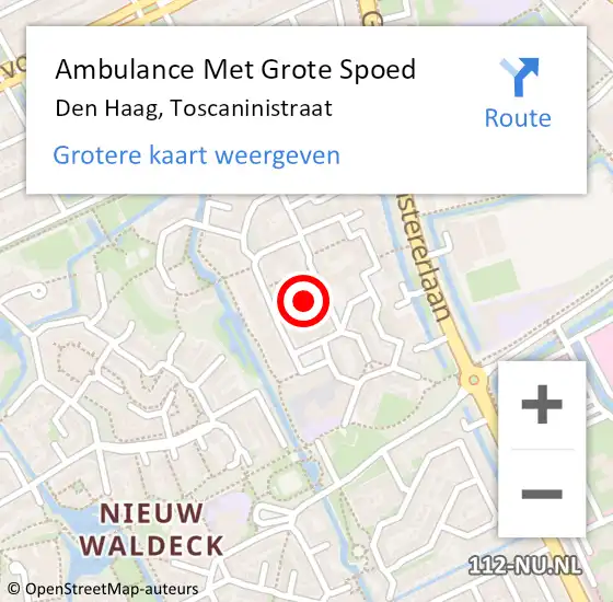 Locatie op kaart van de 112 melding: Ambulance Met Grote Spoed Naar Den Haag, Toscaninistraat op 8 mei 2024 20:33