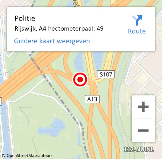 Locatie op kaart van de 112 melding: Politie Rijswijk, A4 hectometerpaal: 49 op 8 mei 2024 22:30
