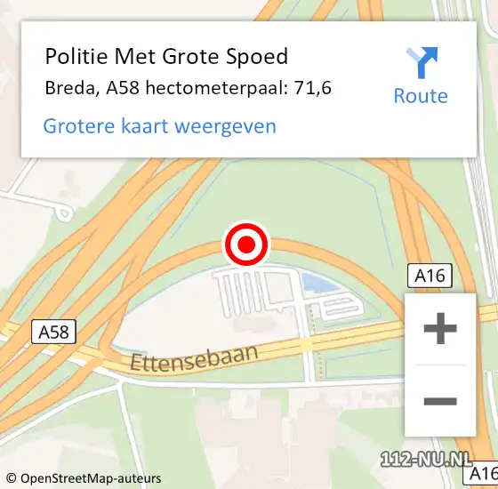 Locatie op kaart van de 112 melding: Politie Met Grote Spoed Naar Breda, A58 hectometerpaal: 71,6 op 8 mei 2024 23:19