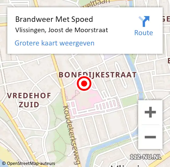 Locatie op kaart van de 112 melding: Brandweer Met Spoed Naar Vlissingen, Joost de Moorstraat op 9 mei 2024 04:05