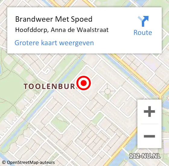 Locatie op kaart van de 112 melding: Brandweer Met Spoed Naar Hoofddorp, Anna de Waalstraat op 9 mei 2024 05:11
