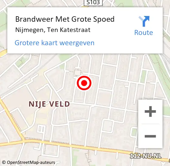 Locatie op kaart van de 112 melding: Brandweer Met Grote Spoed Naar Nijmegen, Ten Katestraat op 9 mei 2024 05:11