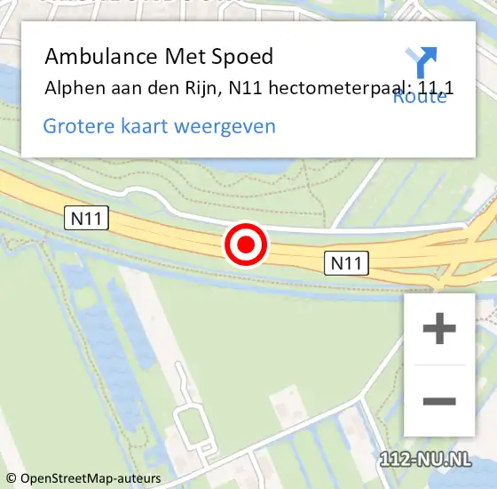 Locatie op kaart van de 112 melding: Ambulance Met Spoed Naar Alphen aan den Rijn, N11 hectometerpaal: 11,1 op 9 mei 2024 05:48