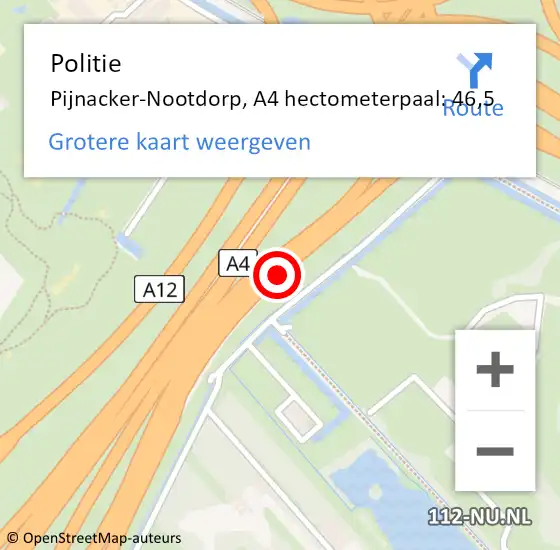 Locatie op kaart van de 112 melding: Politie Pijnacker-Nootdorp, A4 hectometerpaal: 46,5 op 9 mei 2024 08:42