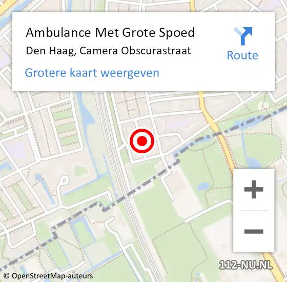 Locatie op kaart van de 112 melding: Ambulance Met Grote Spoed Naar Den Haag, Camera Obscurastraat op 9 mei 2024 10:36