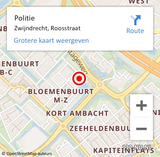 Locatie op kaart van de 112 melding: Politie Zwijndrecht, Roosstraat op 9 mei 2024 10:49