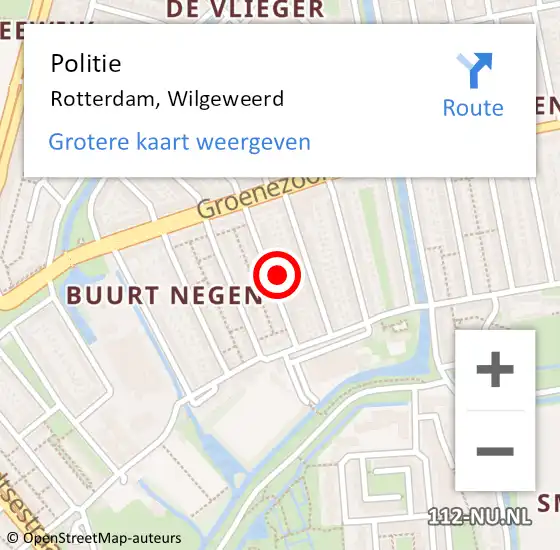 Locatie op kaart van de 112 melding: Politie Rotterdam, Wilgeweerd op 9 mei 2024 10:57
