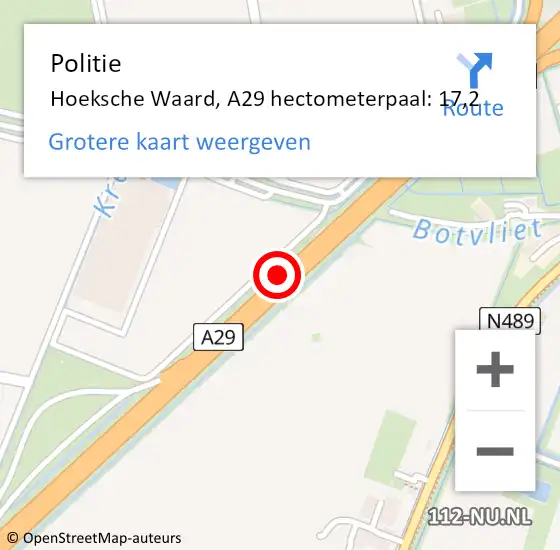 Locatie op kaart van de 112 melding: Politie Hoeksche Waard, A29 hectometerpaal: 17,2 op 9 mei 2024 11:03