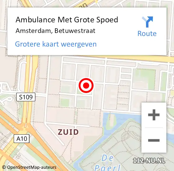 Locatie op kaart van de 112 melding: Ambulance Met Grote Spoed Naar Amsterdam, Betuwestraat op 9 mei 2024 11:10