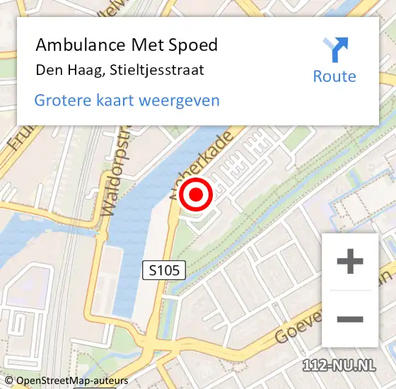 Locatie op kaart van de 112 melding: Ambulance Met Spoed Naar Den Haag, Stieltjesstraat op 9 mei 2024 12:11