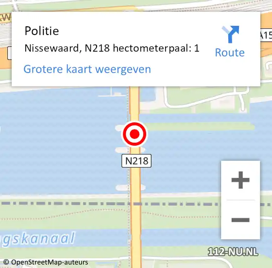 Locatie op kaart van de 112 melding: Politie Nissewaard, N218 hectometerpaal: 1 op 9 mei 2024 12:28