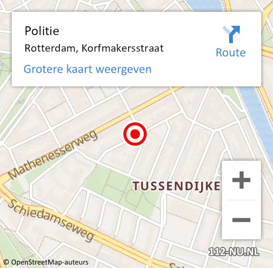 Locatie op kaart van de 112 melding: Politie Rotterdam, Korfmakersstraat op 9 mei 2024 14:28