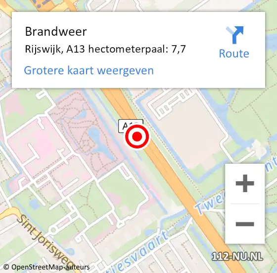 Locatie op kaart van de 112 melding: Brandweer Delft, A13 hectometerpaal: 7,7 op 9 mei 2024 15:15