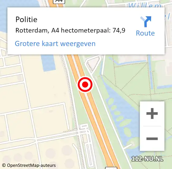 Locatie op kaart van de 112 melding: Politie Rotterdam, A4 hectometerpaal: 74,9 op 9 mei 2024 15:45