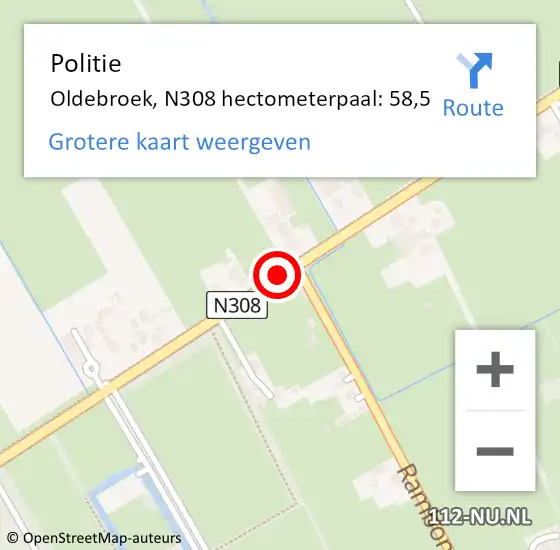 Locatie op kaart van de 112 melding: Politie Oldebroek, N308 hectometerpaal: 58,5 op 9 mei 2024 16:31