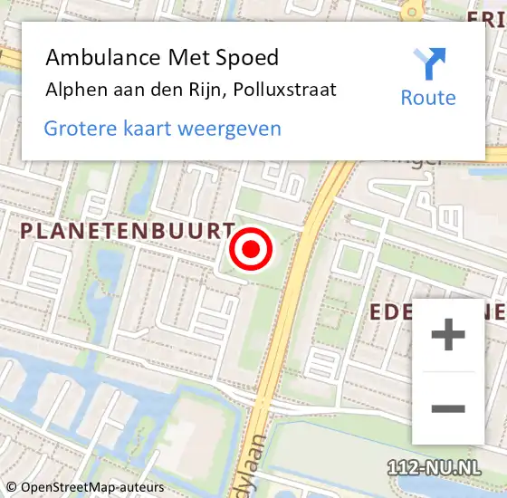 Locatie op kaart van de 112 melding: Ambulance Met Spoed Naar Alphen aan den Rijn, Polluxstraat op 9 mei 2024 16:32