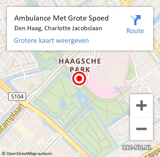 Locatie op kaart van de 112 melding: Ambulance Met Grote Spoed Naar Den Haag, Charlotte Jacobslaan op 9 mei 2024 17:04