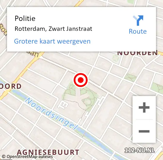 Locatie op kaart van de 112 melding: Politie Rotterdam, Zwart Janstraat op 9 mei 2024 17:10