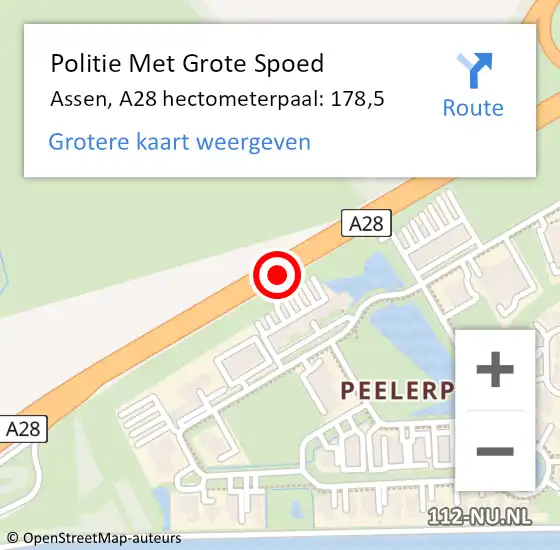 Locatie op kaart van de 112 melding: Politie Met Grote Spoed Naar Assen, A28 hectometerpaal: 178,5 op 9 mei 2024 18:33