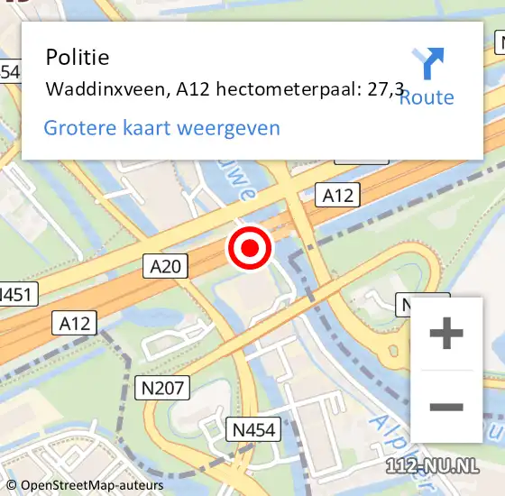 Locatie op kaart van de 112 melding: Politie Waddinxveen, A12 hectometerpaal: 27,3 op 9 mei 2024 19:23