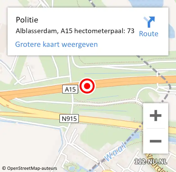 Locatie op kaart van de 112 melding: Politie Alblasserdam, A15 hectometerpaal: 73 op 9 mei 2024 19:42