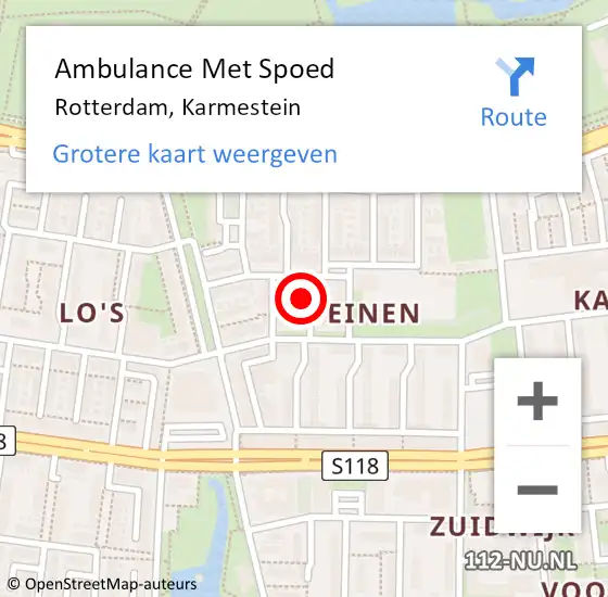 Locatie op kaart van de 112 melding: Ambulance Met Spoed Naar Rotterdam, Karmestein op 9 mei 2024 19:49