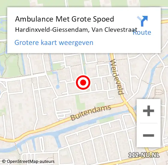Locatie op kaart van de 112 melding: Ambulance Met Grote Spoed Naar Hardinxveld-Giessendam, Van Clevestraat op 23 augustus 2016 01:05
