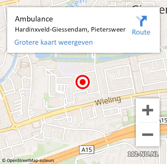 Locatie op kaart van de 112 melding: Ambulance Hardinxveld-Giessendam, Pietersweer op 28 december 2020 08:41