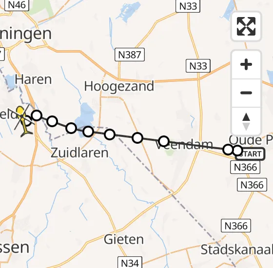 Vlucht Traumahelikopter PH-DOC van Oude Pekela naar Groningen Airport Eelde op zaterdag 27 april 2024 9:38