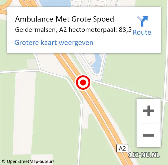 Locatie op kaart van de 112 melding: Ambulance Met Grote Spoed Naar Geldermalsen, A2 hectometerpaal: 88,5 op 6 juni 2021 20:38