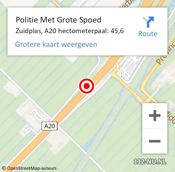 Locatie op kaart van de 112 melding: Politie Met Grote Spoed Naar Zuidplas, A20 hectometerpaal: 45,6 op 7 juni 2021 06:50