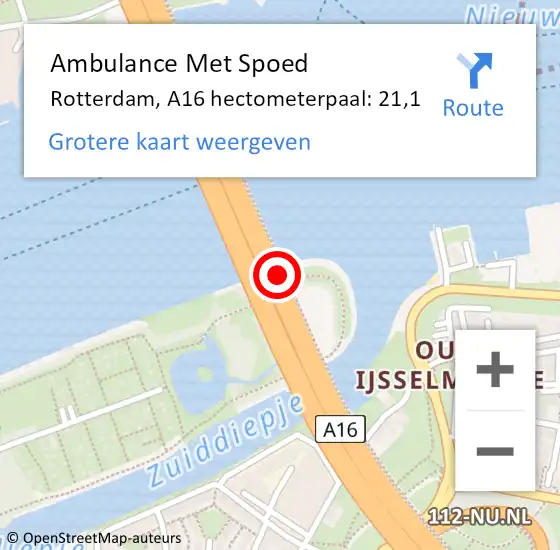 Locatie op kaart van de 112 melding: Ambulance Met Spoed Naar Rotterdam, A16 hectometerpaal: 21,1 op 7 juni 2021 07:25