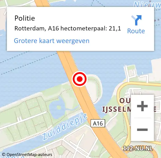 Locatie op kaart van de 112 melding: Politie Rotterdam, A16 hectometerpaal: 21,1 op 7 juni 2021 07:26