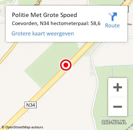 Locatie op kaart van de 112 melding: Politie Met Grote Spoed Naar Coevorden, N34 hectometerpaal: 58,6 op 7 juni 2021 14:52