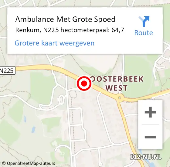 Locatie op kaart van de 112 melding: Ambulance Met Grote Spoed Naar Renkum, N225 hectometerpaal: 64,7 op 7 juni 2021 14:58