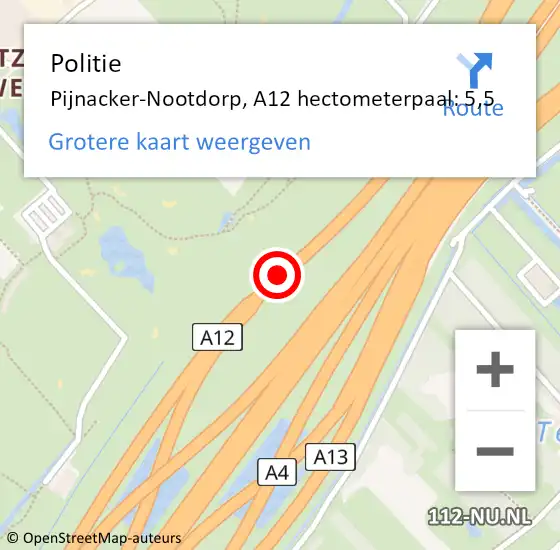 Locatie op kaart van de 112 melding: Politie Den Haag, A12 hectometerpaal: 5,5 op 7 juni 2021 15:02