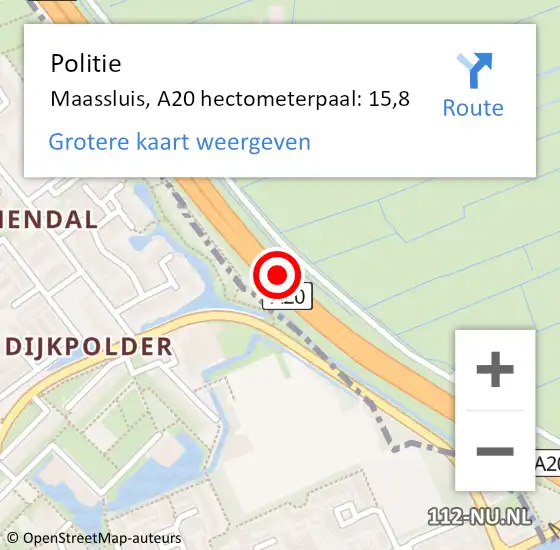 Locatie op kaart van de 112 melding: Politie Maassluis, A20 hectometerpaal: 15,8 op 7 juni 2021 15:18