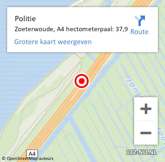 Locatie op kaart van de 112 melding: Politie Zoeterwoude, A4 hectometerpaal: 37,9 op 7 juni 2021 16:58