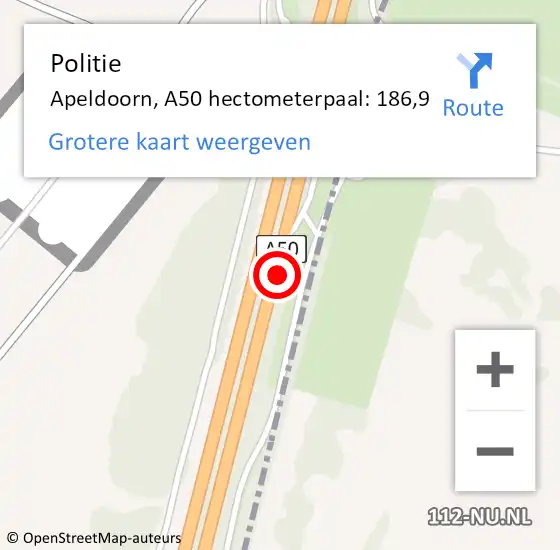 Locatie op kaart van de 112 melding: Politie Apeldoorn, A50 hectometerpaal: 186,9 op 7 juni 2021 17:30