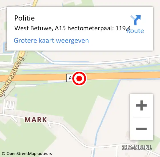 Locatie op kaart van de 112 melding: Politie Geldermalsen, A15 hectometerpaal: 119,4 op 7 juni 2021 17:37