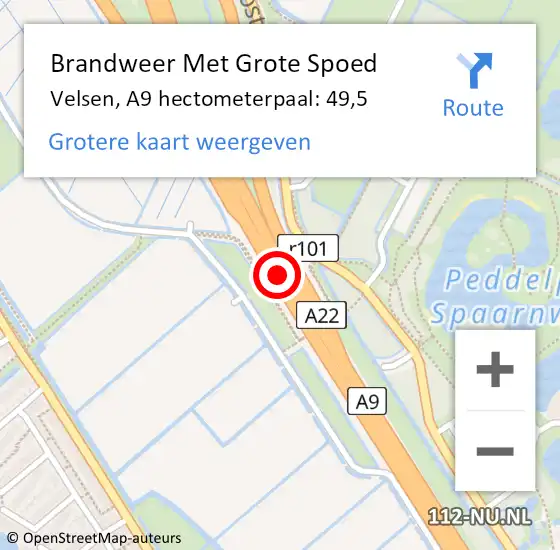 Locatie op kaart van de 112 melding: Brandweer Met Grote Spoed Naar Velsen, A9 hectometerpaal: 49,5 op 7 juni 2021 18:55