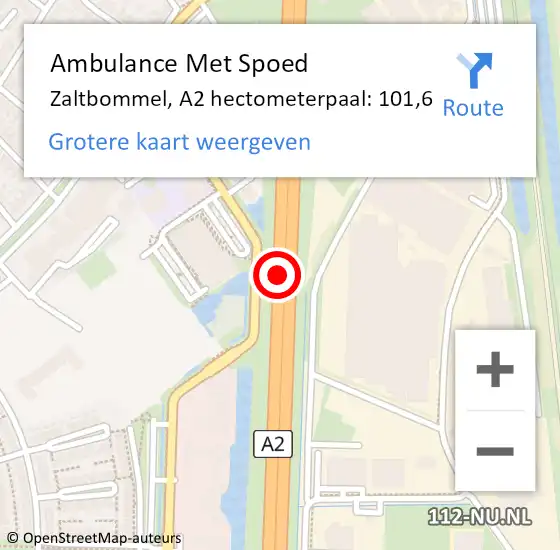 Locatie op kaart van de 112 melding: Ambulance Met Spoed Naar Zaltbommel, A2 hectometerpaal: 101,6 op 7 juni 2021 18:56