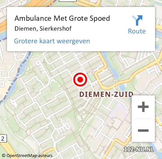 Locatie op kaart van de 112 melding: Ambulance Met Grote Spoed Naar Diemen, Sierkershof op 7 juni 2021 21:05