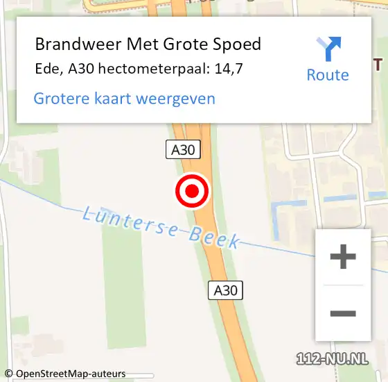 Locatie op kaart van de 112 melding: Brandweer Met Grote Spoed Naar Ede, A30 hectometerpaal: 14,7 op 7 juni 2021 21:33