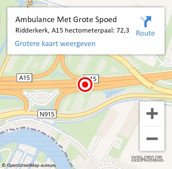 Locatie op kaart van de 112 melding: Ambulance Met Grote Spoed Naar Ridderkerk, A15 hectometerpaal: 72,3 op 8 juni 2021 00:35
