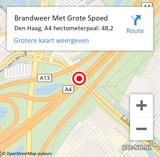 Locatie op kaart van de 112 melding: Brandweer Met Grote Spoed Naar Den Haag, A4 hectometerpaal: 48,2 op 8 juni 2021 00:37