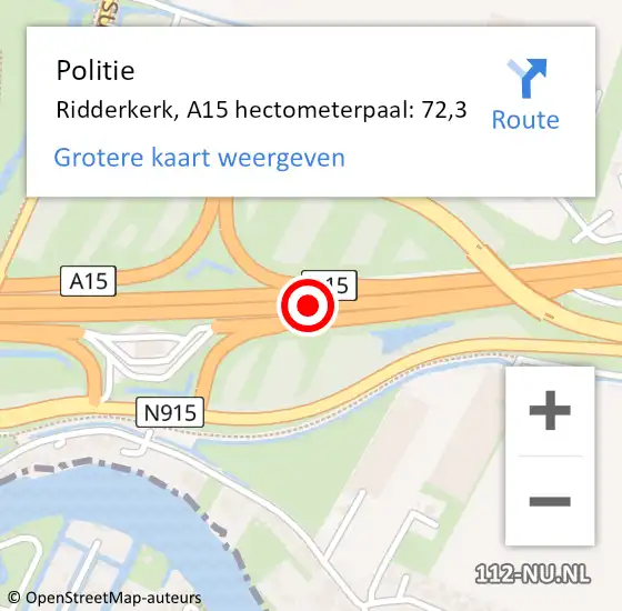 Locatie op kaart van de 112 melding: Politie Ridderkerk, A15 hectometerpaal: 72,3 op 8 juni 2021 00:40
