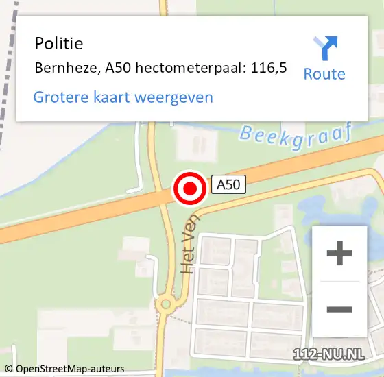 Locatie op kaart van de 112 melding: Politie Bernheze, A50 hectometerpaal: 116,5 op 8 juni 2021 06:19