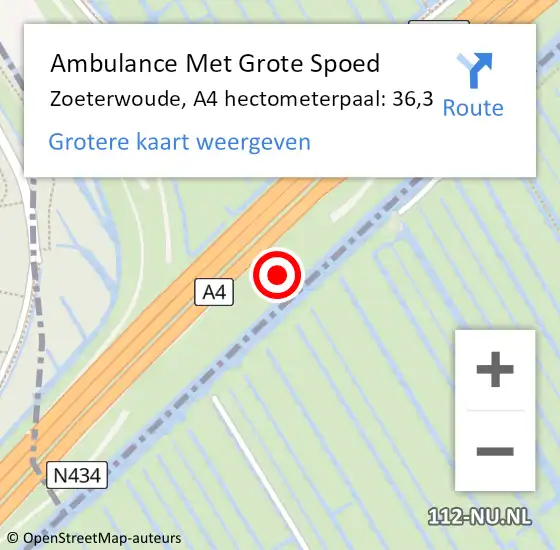 Locatie op kaart van de 112 melding: Ambulance Met Grote Spoed Naar Zoeterwoude, A4 hectometerpaal: 36,3 op 8 juni 2021 08:17